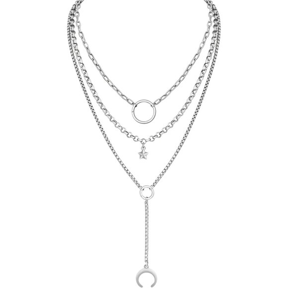 Jewelry - Layered Silver-tone Crescent Moon Star Choker Necklace for Women